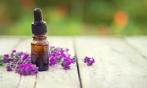 Aceite Esencial Lavanda Una Botella Pequeña Focus Nature Selectivo — Foto de Stock