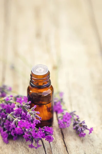 Lavendel Eterisk Olja Liten Flaska Selektiv Fokus Natur — Stockfoto