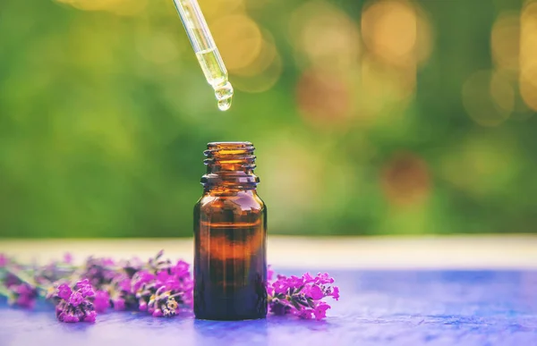 Lavender Essential Oil Small Bottle Selective Focus Nature — Stock Photo, Image