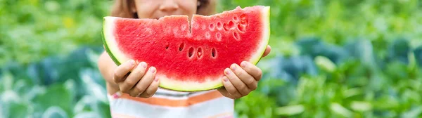 Child Picnic Eats Watermelon Selective Focus Food — Stock Photo, Image