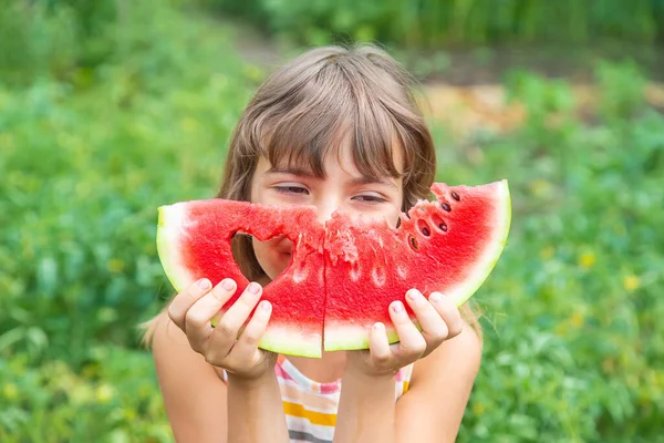 Child Picnic Eats Watermelon Selective Focus Food — Stock Photo, Image