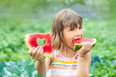 Piknikteki bir çocuk karpuz yer. Seçici odaklanma. Yiyecek..
