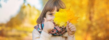 Sonbahar yapraklarıyla parktaki çocuklar. Seçici odak.