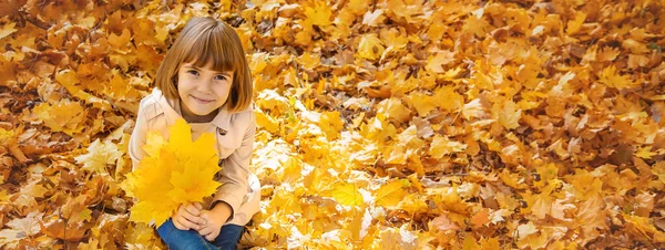 Enfants Dans Parc Avec Des Feuilles Automne Concentration Sélective — Photo