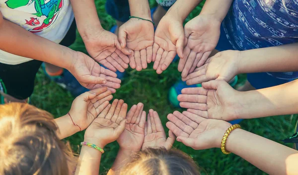 Дети Сложили Руки Вместе Выборочный Фокус Люди — стоковое фото