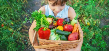Bir çocuk elinde sebze hasadı tutuyor. Seçici odaklanma. Doğa.