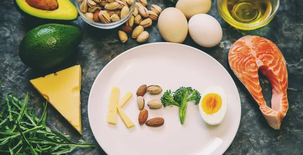 Keto Dieta Alimentos Ingredientes Establecidos Enfoque Selectivo Naturaleza — Foto de Stock