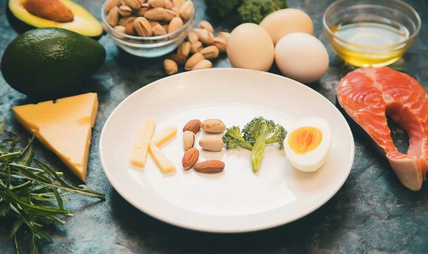 Keto Dieta Alimentos Ingredientes Establecidos Enfoque Selectivo Naturaleza — Foto de Stock