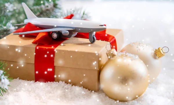 Christmas Background Airplane Travels Selective Focus Nature — Stock Photo, Image