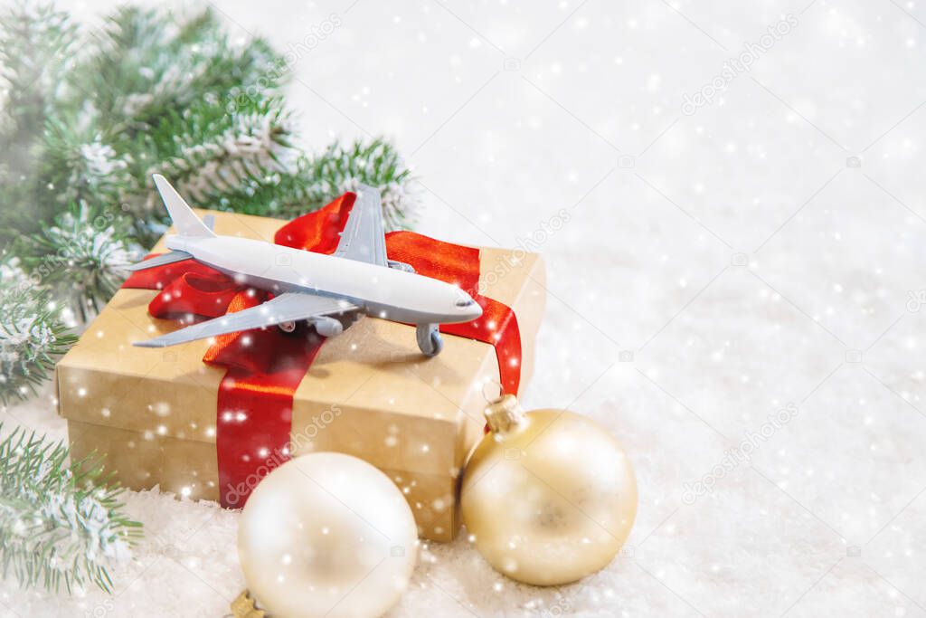 christmas background with airplane. travels. selective focus nature