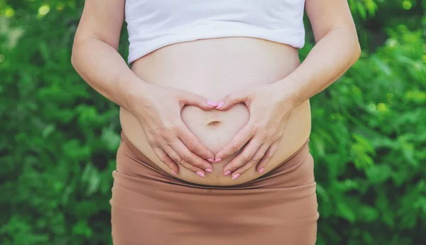 Mujer Embarazada Sostiene Corazón Del Vientre Enfoque Selectivo Naturaleza — Foto de Stock