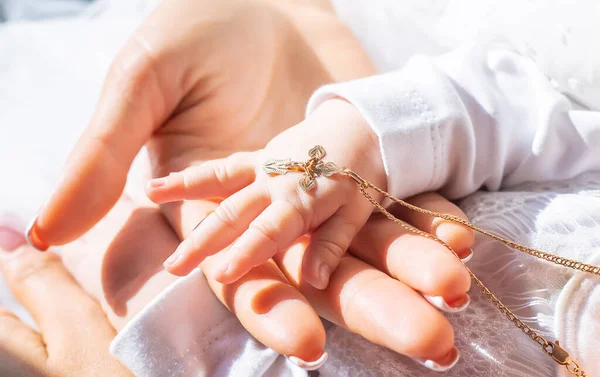 Sacrament Baptism Child Kid Holding Cross Selective Focus People — Stock Photo, Image