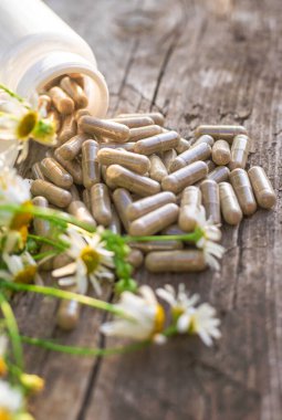 Alternatif tıp ve kozmetik ürünleri için papatya çayı. Seçici odaklanma. Doğa.