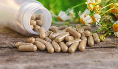 Alternatif tıp ve kozmetik ürünleri için papatya çayı. Seçici odaklanma. Doğa.