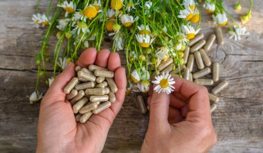 Alternatif tıp ve kozmetik ürünleri için papatya çayı. Seçici odaklanma. Doğa.