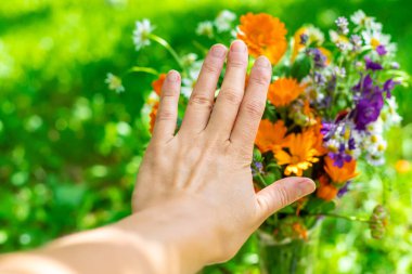 Çiçek buketine alerjim var. Seçici odaklanma. Doğa.