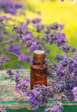 Lavanta yağı ve takviyeler. Seçici odaklanma. Doğa.