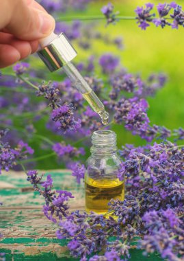 Lavanta yağı ve takviyeler. Seçici odaklanma. Doğa.