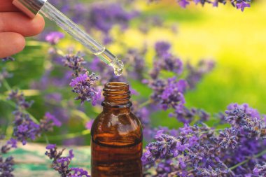 Lavanta yağı ve takviyeler. Seçici odaklanma. Doğa.
