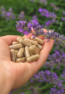 Lavanta yağı ve takviyeler. Seçici odaklanma. Doğa.