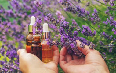 Lavanta yağı ve takviyeler. Seçici odaklanma. Doğa.