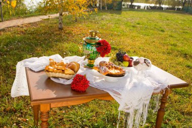 Pişirme ve meyve ile ülke evinde semaver