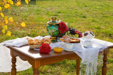 Pişirme ve meyve ile ülke evinde semaver