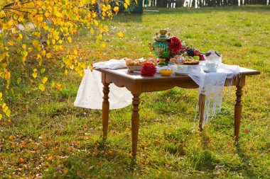 Pişirme ve meyve ile ülke evinde semaver