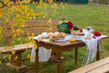 Pişirme ve meyve ile ülke evinde semaver