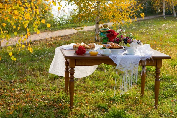 Pişirme ve meyve ile ülke evinde semaver