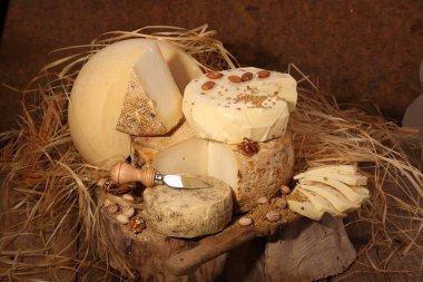 Ahşap bir masa üzerine peynir kümesi