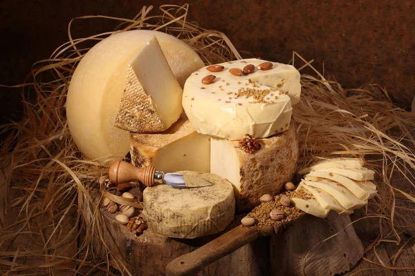 Set Cheese Wooden Table — Stock Photo, Image