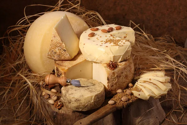 Set Cheese Wooden Table — Stock Photo, Image