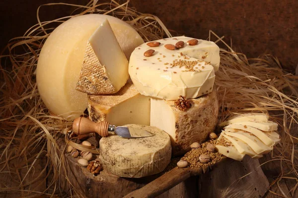 Set Cheese Wooden Table — Stock Photo, Image