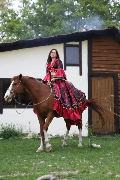 Красивая Цыганка Яркой Одежде Лошади — стоковое фото