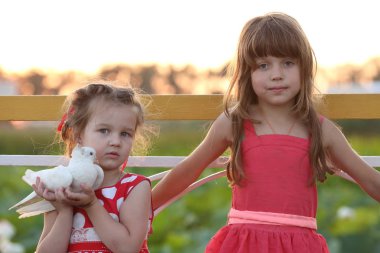 kırmızı elbiseler canlı bir güvercin tutan iki kız