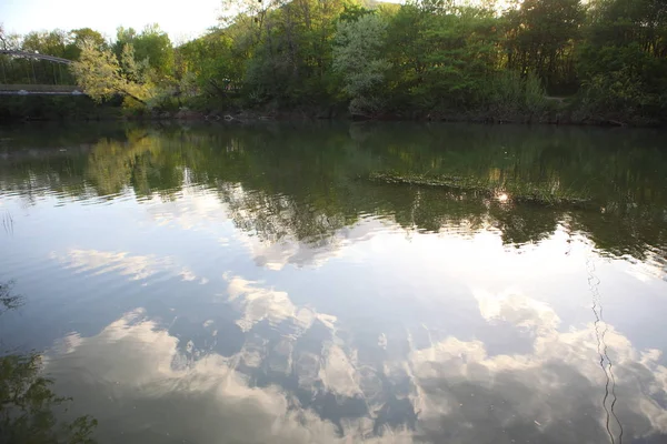 Rivière Dans Forêt Ciel Reflète Eau Paysage — Photo