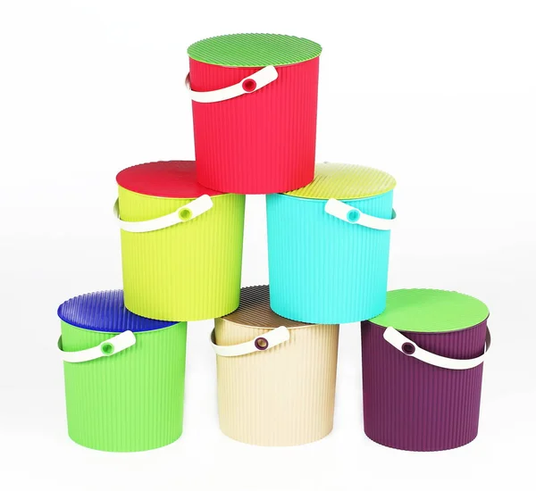 Buckets Plastic Different Colors White Background — Stock Photo, Image
