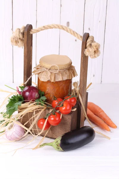 Eggplant Caviar White Wooden Background Wooden Box — Stock Photo, Image