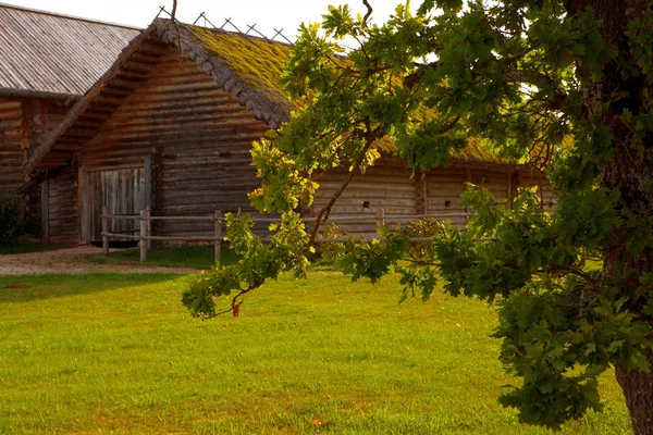 Holzkonstruktion Auf Der Wiese Blockhaus — Stockfoto