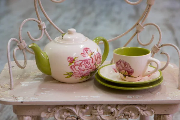 Tea vintage service on the table. Beautiful tea set