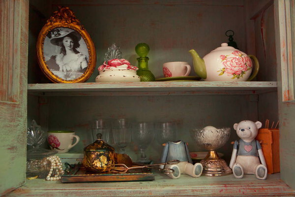 Antique buffet in the kitchen. Wooden kitchen cabinet