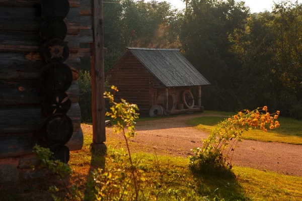 Casa Madeira Velho Velho Armazém Logs Telhado Grama Parque Território — Fotografia de Stock