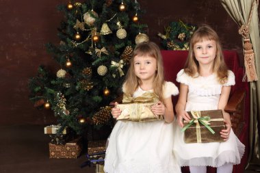 Yeni yıl ağacı yakınındaki iki küçük kız
