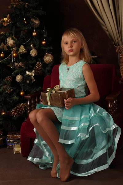 Bir Kız Noel Ağacı Yakınındaki Bir Hediye Tutar — Stok fotoğraf