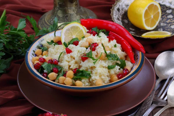 Couscous Pomegranate Chickpeas Hot Peppers — Stock Photo, Image