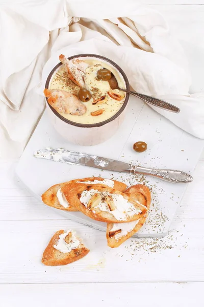 French Puree Soup Parsnip Soft Cheese Baguette — Stock Photo, Image