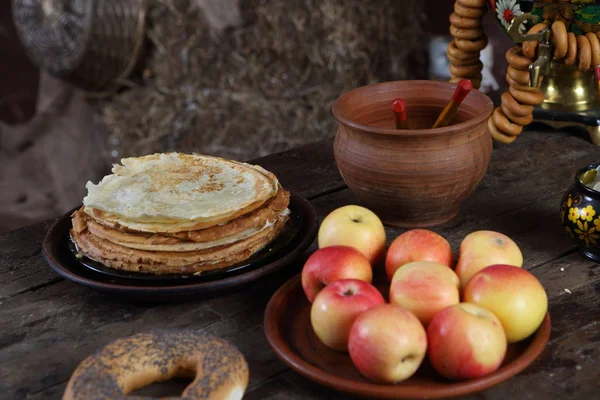 Pancakes Apples Vodka Wooden Table — Stock Photo, Image