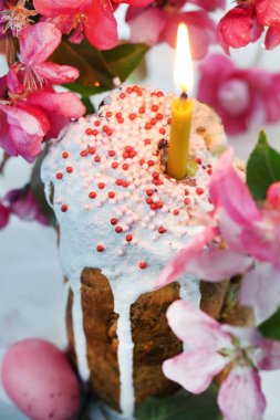 Paskalya kek ve cennet elma çiçekleri ile natürmort