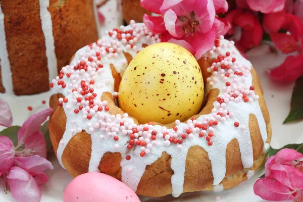 Still Life Easter Cakes Painted Eggs Wine Flowers Paradise Apple — Stock Photo, Image